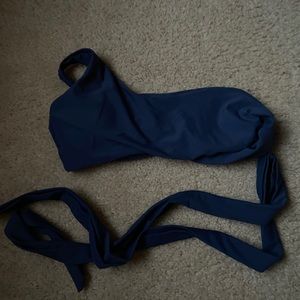 Blue swim top, one shoulder